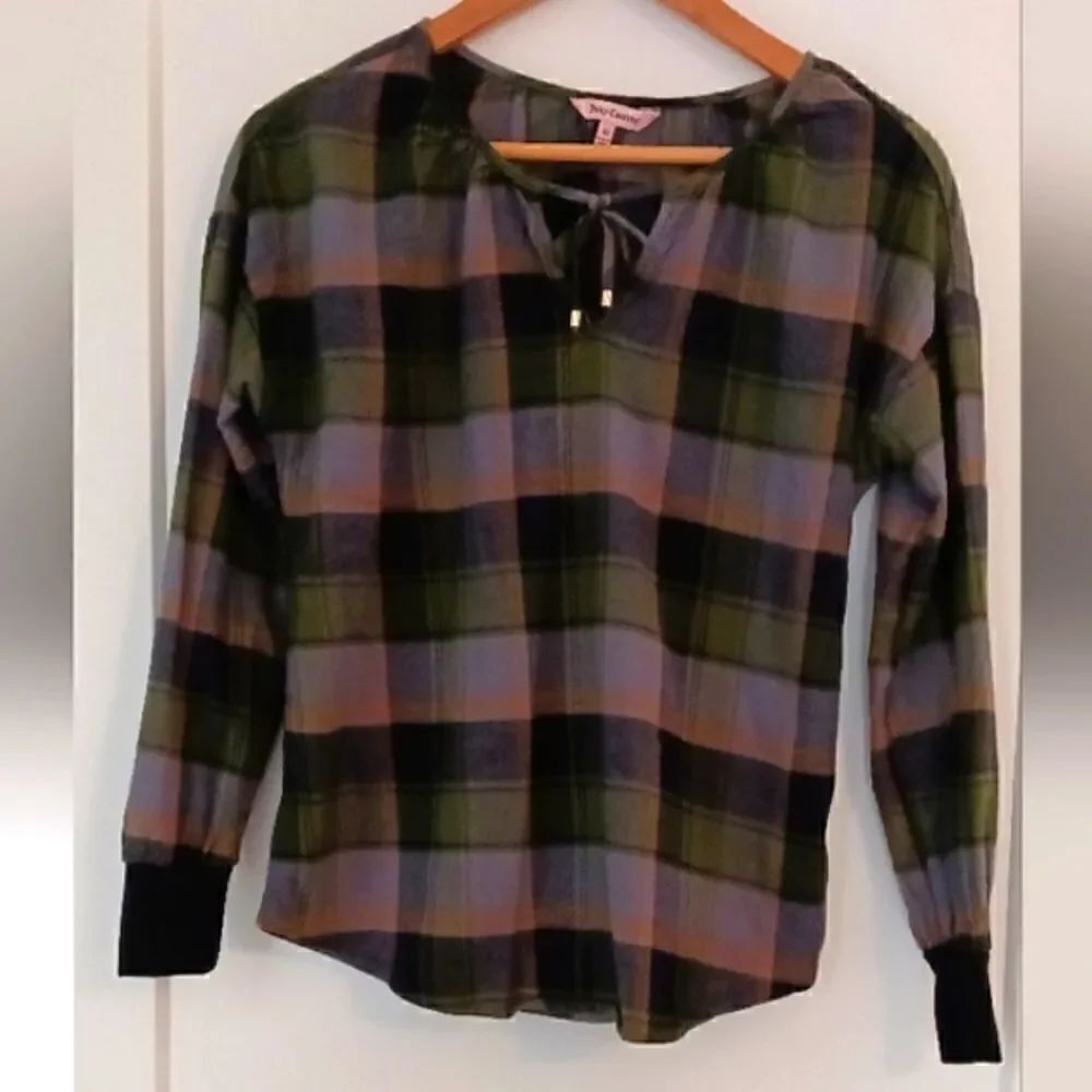 Juicy Couture Plaid Flannel Peasant Top Green Navy Sz XSMALL